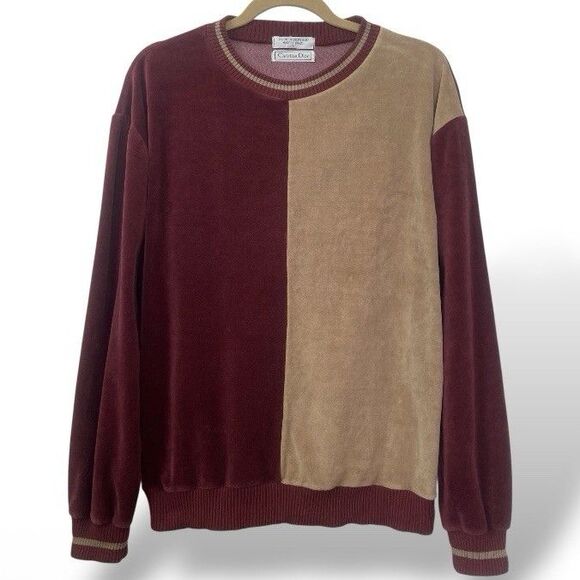 Christian Dior Men Velour Sweatshirt Pullover Size L Burgundy Beige Vintage 90s - Picture 2 of 5
